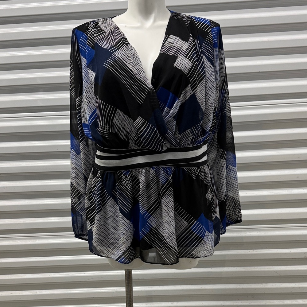 Lane Bryant Black and Blue Geometric Blouse